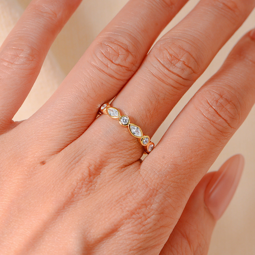 925 Sterling Silver Geometric Round Horse Eye Zircon Ring Stacked Wearing Ring Jewelry