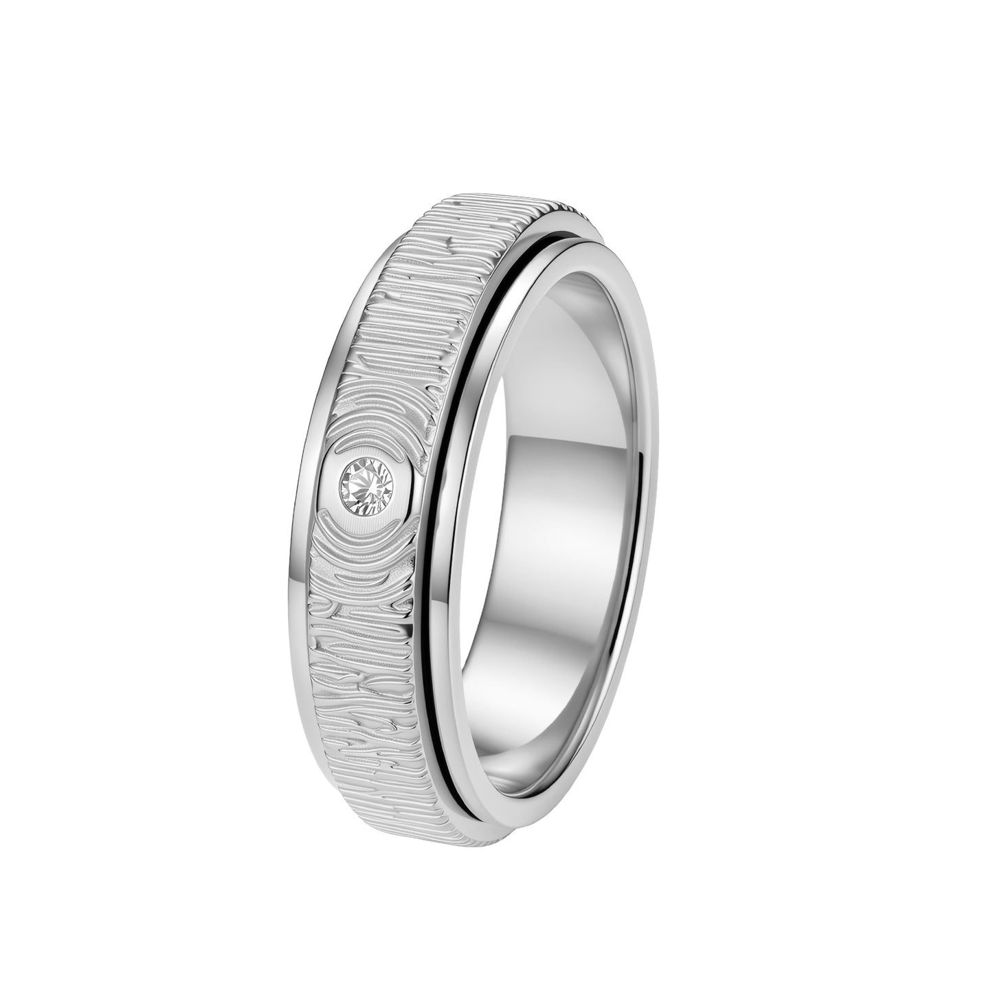 Planderful Everyday Genie Wood Grain Zircon Single Rotatable Stainless Steel Ring For Men Women Unisex Retro Jewelry