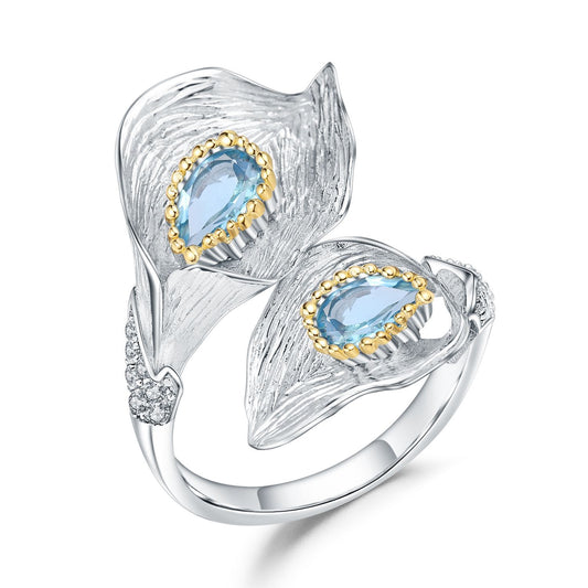 Lily Flower Natural Blue Topaz Opening Silver Ring