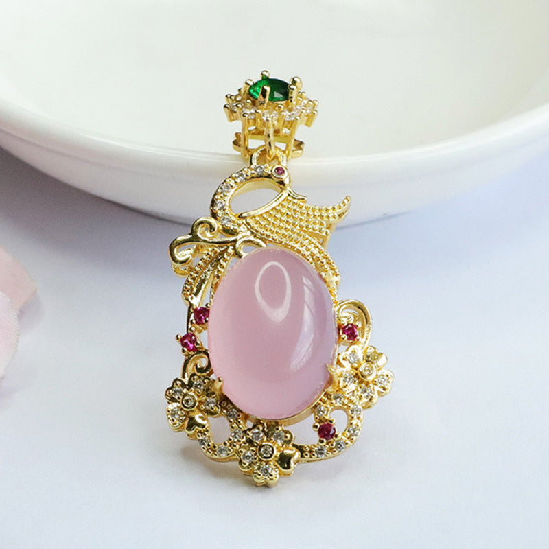 Phoenix Pendant Necklace with Pigeon Egg Pink Chalcedony and Zircon