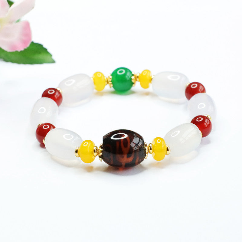 Colorful Agate Barrel Bead Bracelet with White Chalcedony Jewel