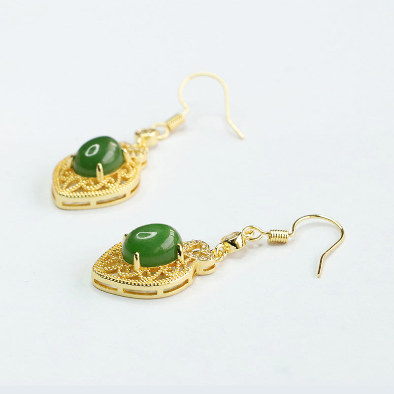 Green Jade Love Earrings with Sterling Silver Hooks