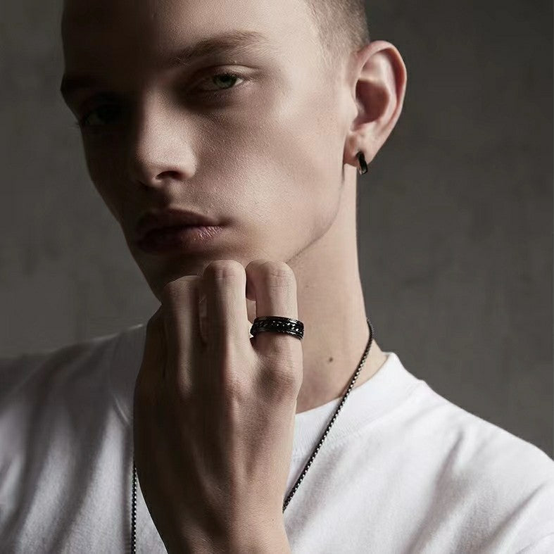 Rotating Pressure Reducing Men's Titanium Steel Ring Set, Black Electroplated - Size 6-13
