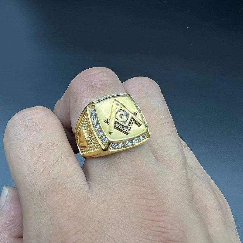 Planderful Masonic Ring For Men Vintage European American Style Gold Plated Titanium Steel Rhinestone