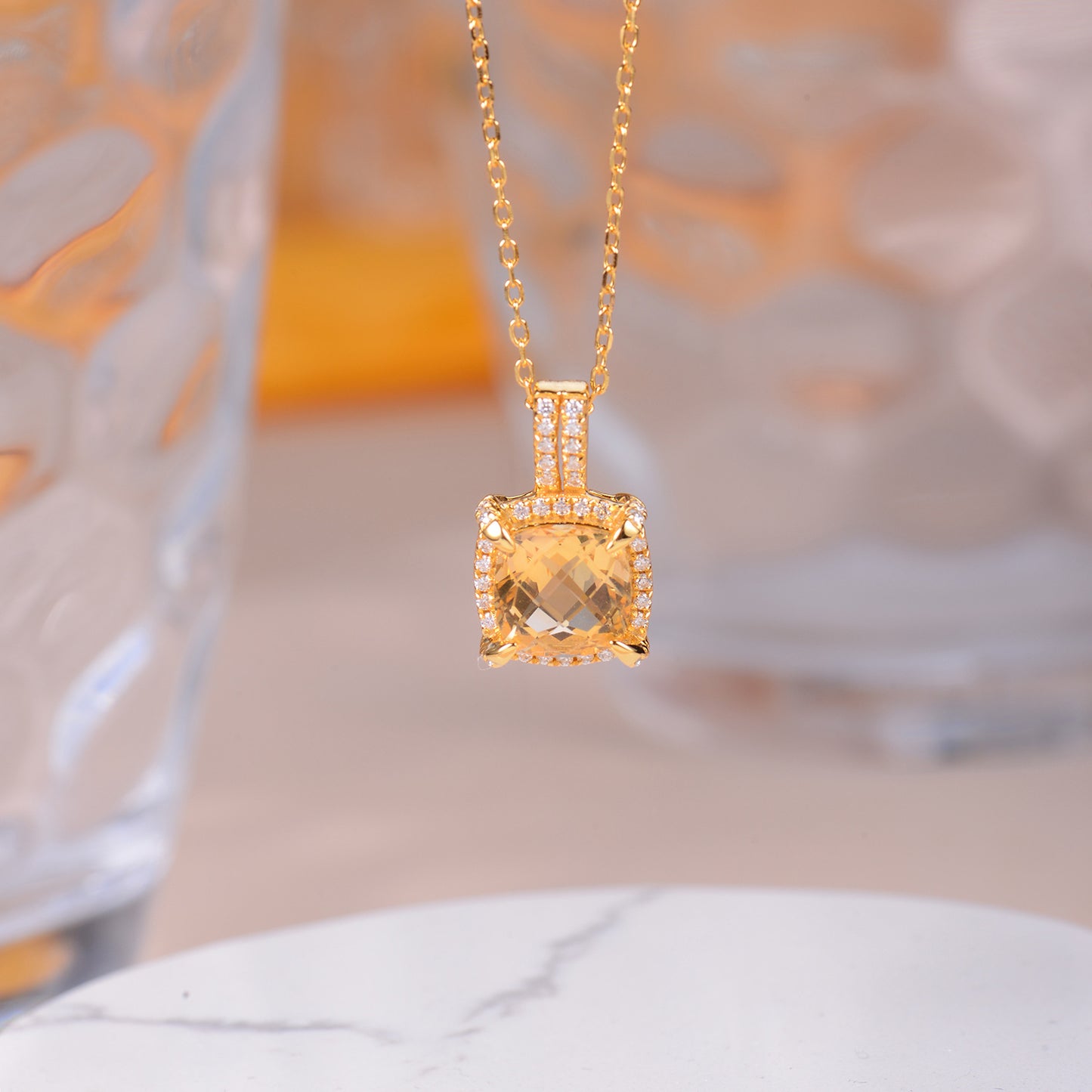 Soleste Halo Square Natural Yellow Crystal Silver Necklace