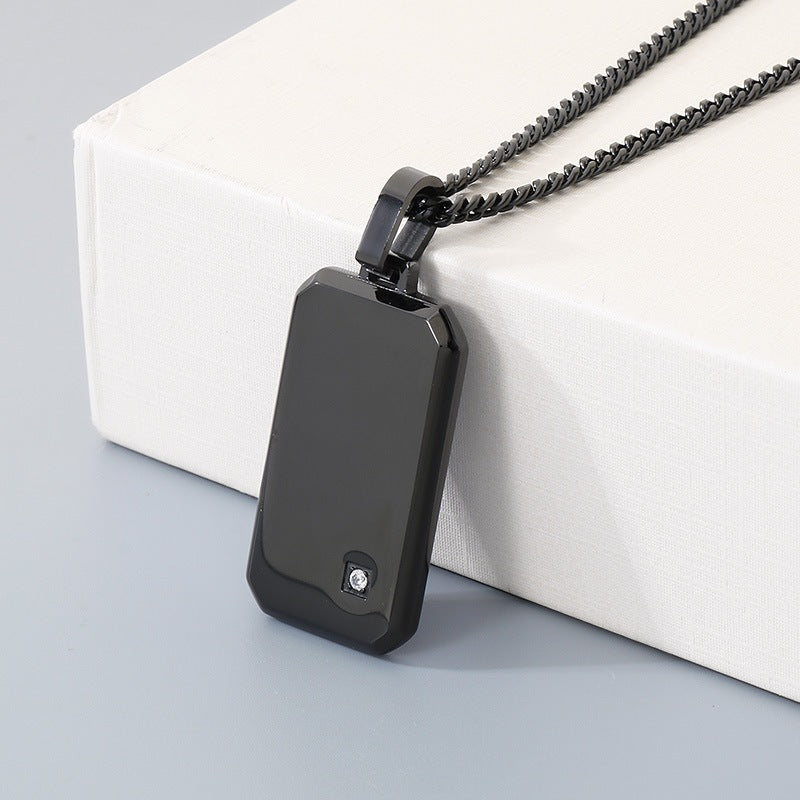 Minimalist Geometric Square Men's Zircon Necklace, Niche Stainless Steel Military Pendant