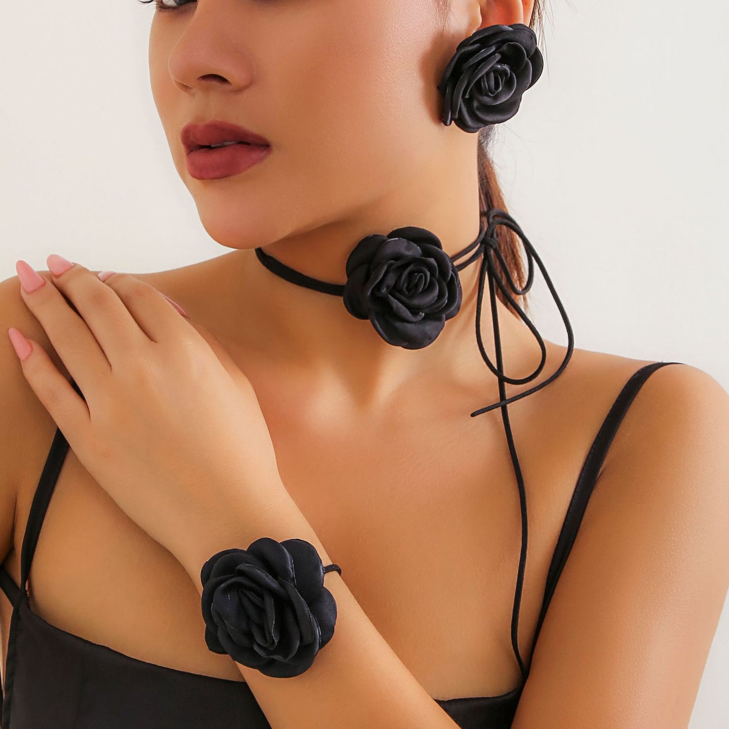European and American Vintage Rose Velvet Choker Necklace with Satin Flowers for Women's Hair Accessory Set