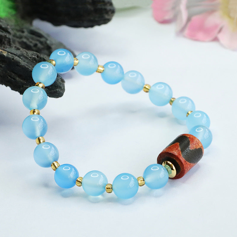 Heavenly Blue Chalcedony Tiger Tooth Bracelet with Sterling Silver Bead