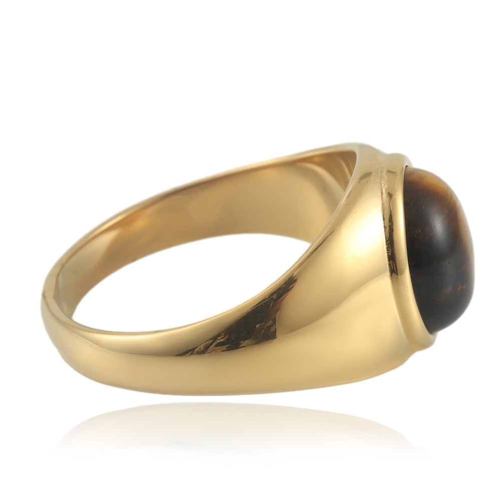 Men's Punk Retro Multi-Color Stone Titanium Steel Oval Ring - European and American Style