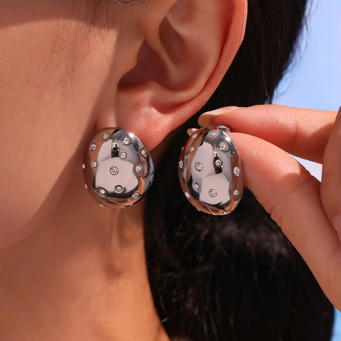 Planderful Czech Rhinestone Oval Earrings For Women Steel