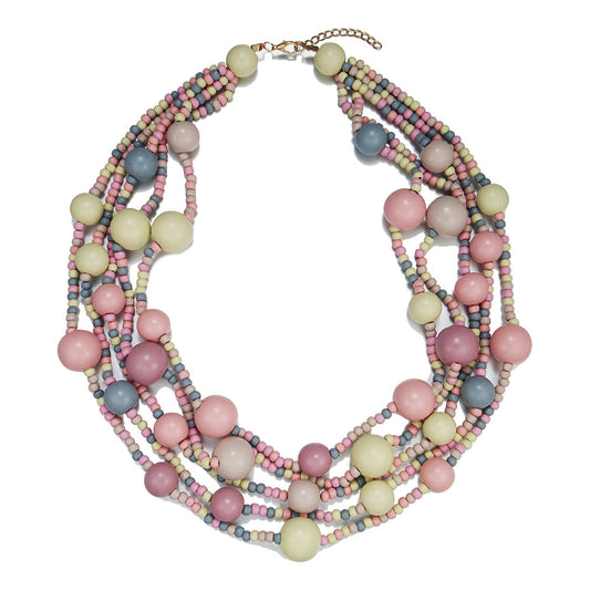 Multi-layer Wooden Bead Necklace in Ethnic Style with Dreamy Pink Jewelry