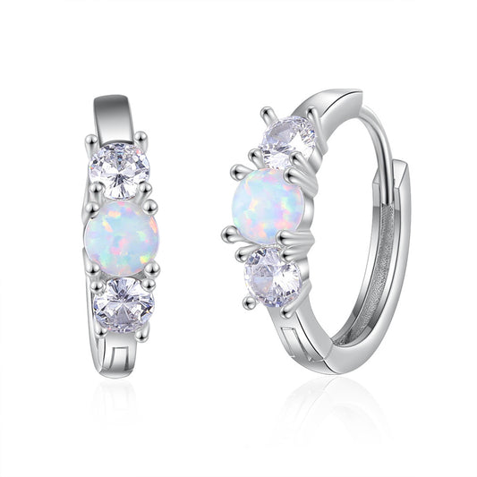 Round Opal with Two Small Zircon Sterling Silver Hoop Earrings