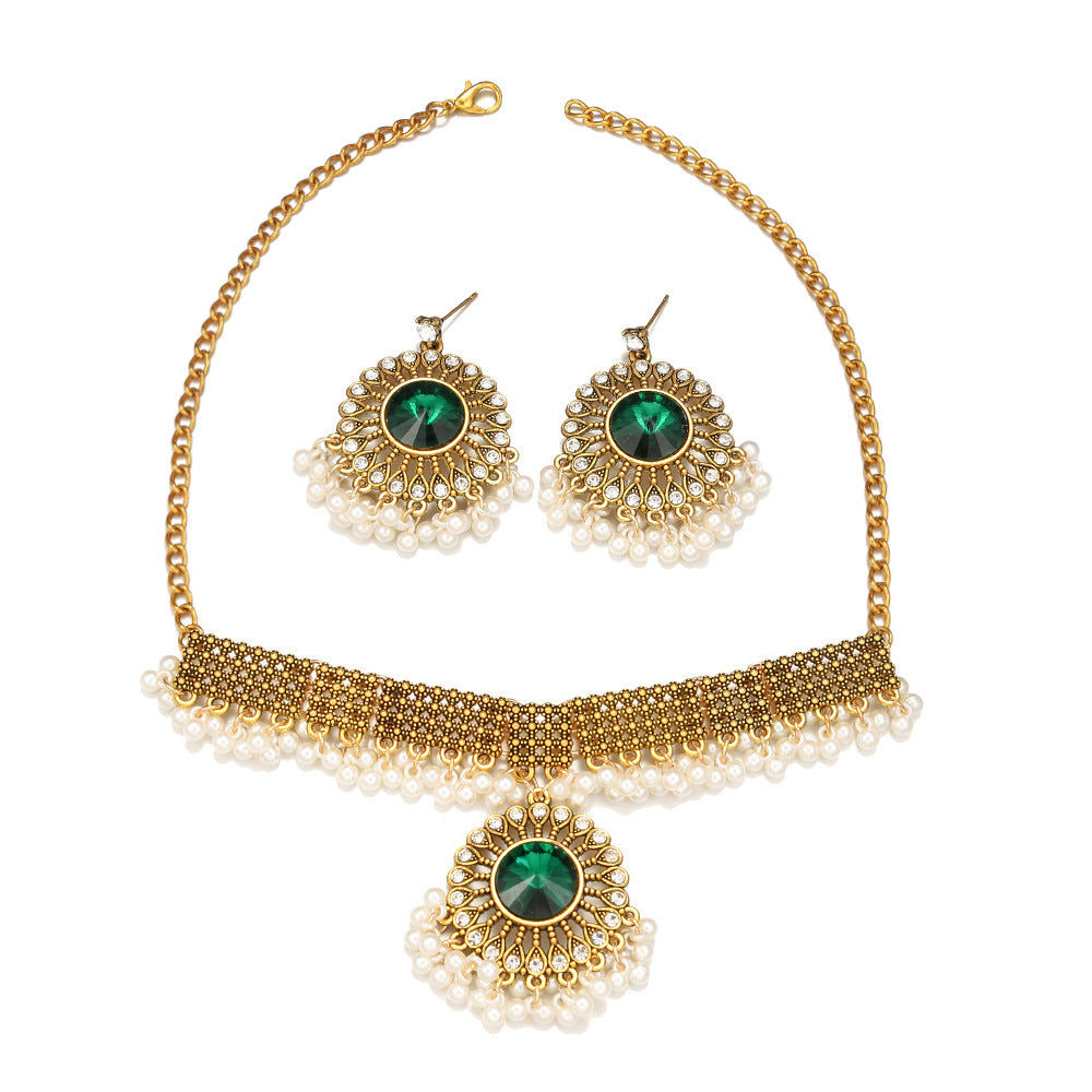 Tassel Gem Pearl Necklace and Earrings Set - Savanna Rhythms