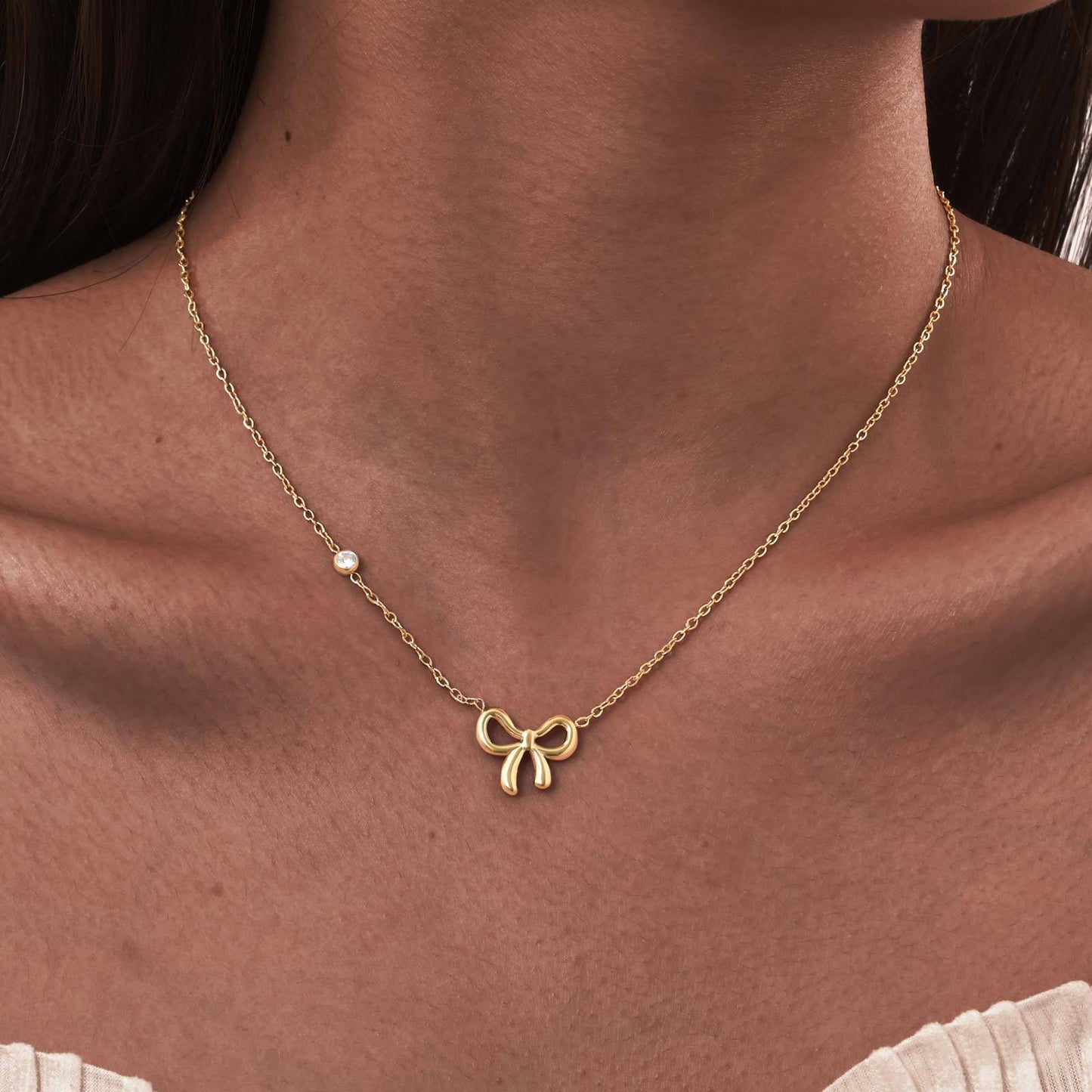 Stainless Steel Flat Cross Chain Zircon Bow Necklace Gold
