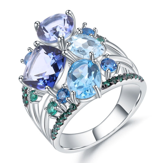 Banquet Jewelry Four Layers Natural Gemstones Silver Ring