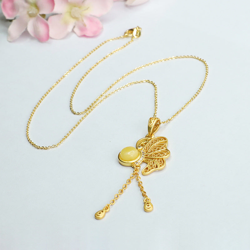 Butterfly Tassel Necklace with Natural Beeswax Amber Hollow Pendant