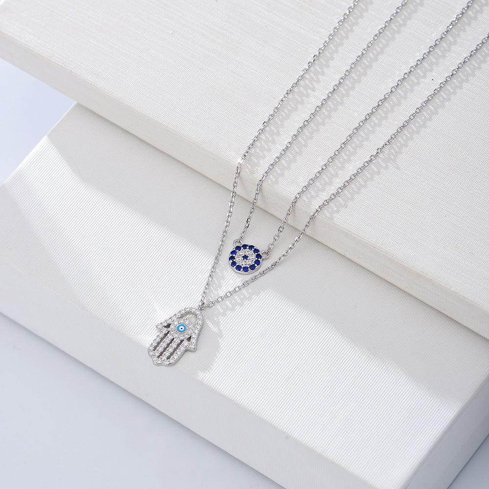 S925 Sterling Silver Shi Family Demon's Eye Hamsa Palm Double-Layer Necklace