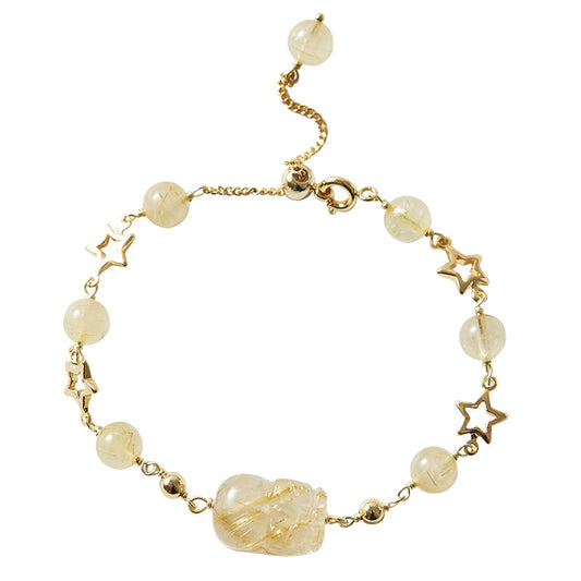 Attract Wealth with Golden Crystal Pixiu Bracelet for Girls - Unique Star Chain Design