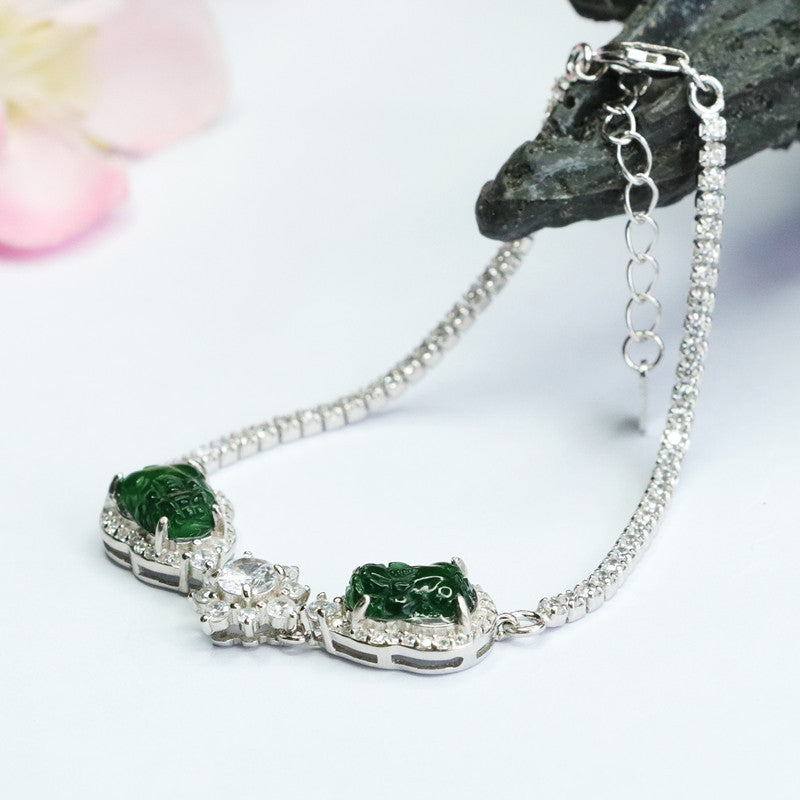 925 Silver Bracelet with Natural Green Jade Pixiu Inlay