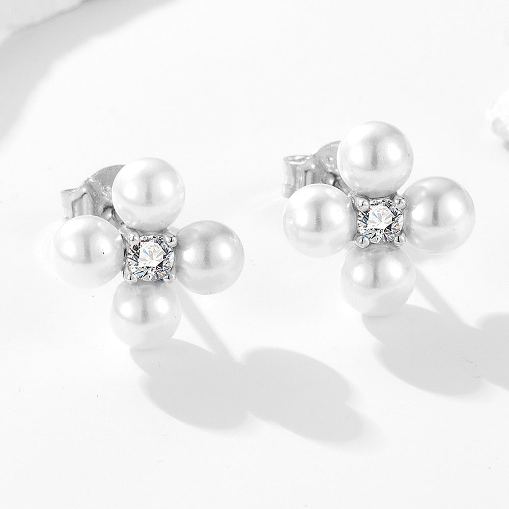 S925 Sterling Silver Zircon Pearl Earrings Korean Bead Zircon Four-Leaf Combination Stud Earrings