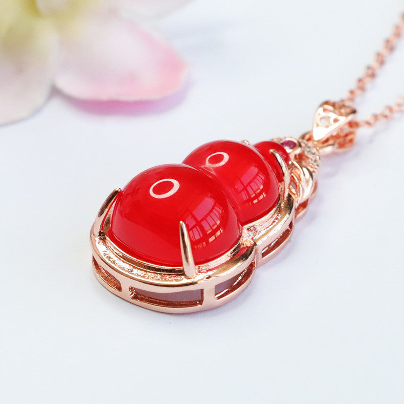 Red Agate Gourd Rose-Gold-Tone Pendant — No Chain