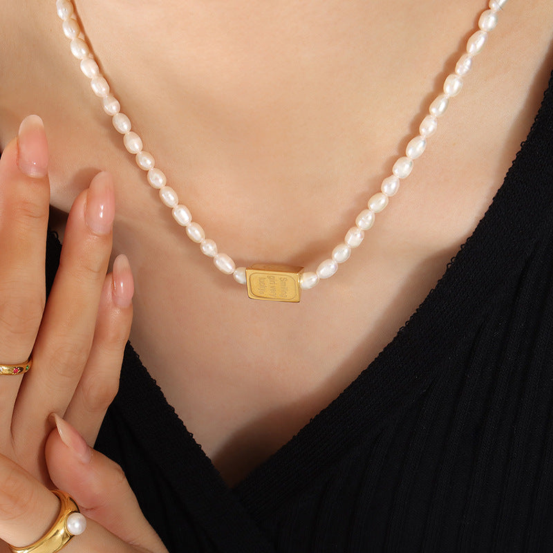 European American Triangle Carved Smiling Face Necklace - Titanium Steel & Freshwater Pearl