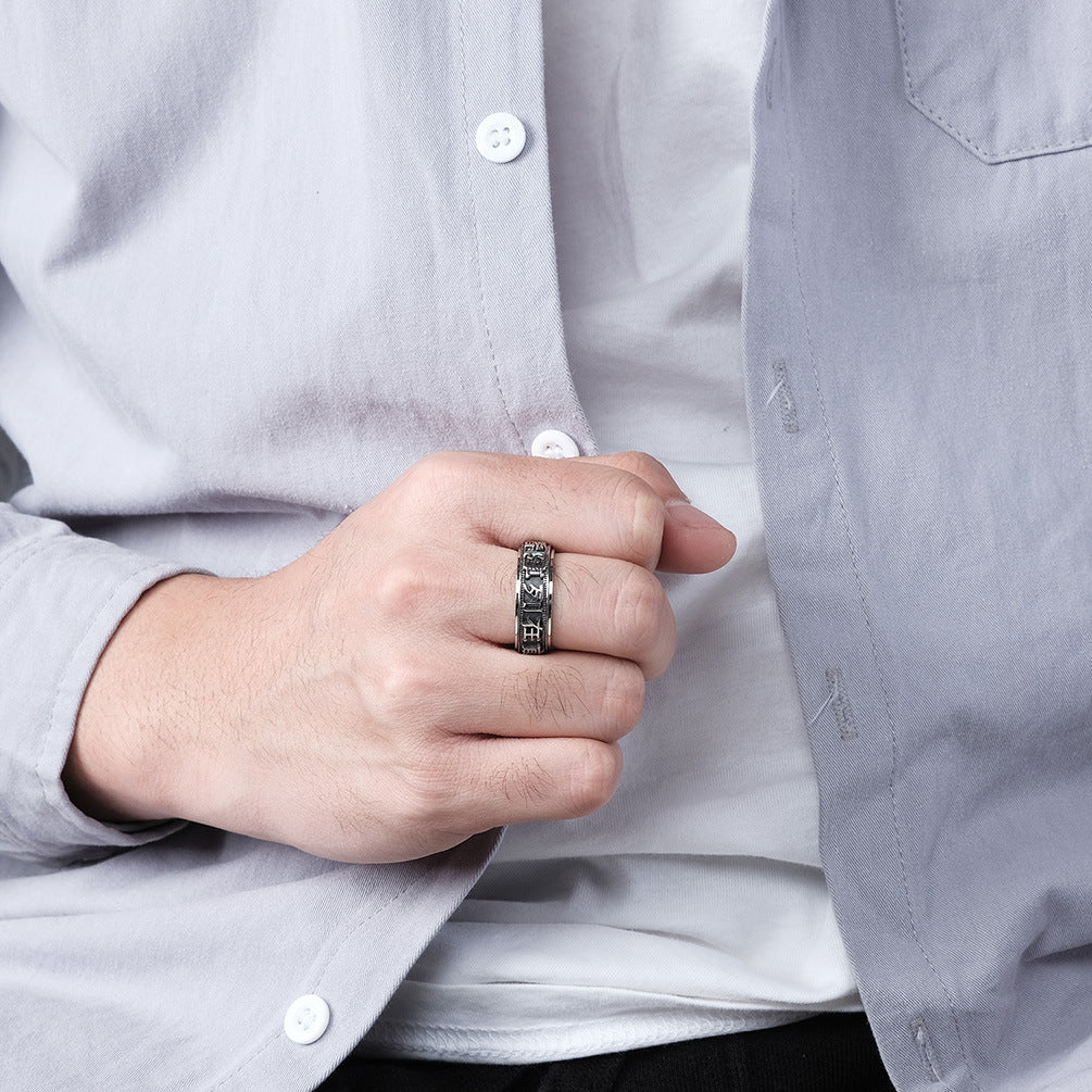 Vintage Chinese Style Nine-Character Titanium Steel Rotating Ring for Men