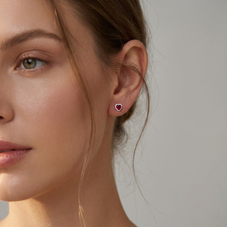 S925 Sterling Silver Lab-Grown Ruby Heart Stud Earrings