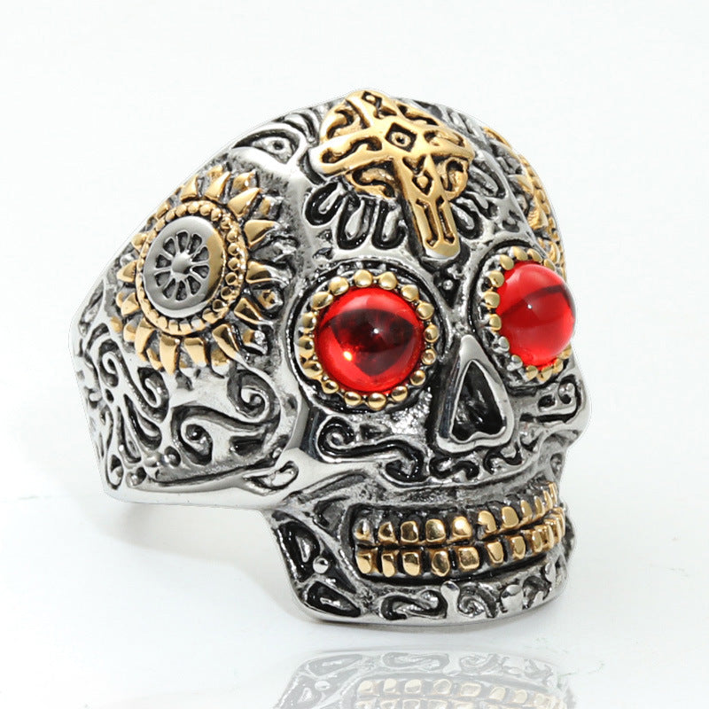 Planderful Skull Ring Titanium Steel Engraved Ghost Head Green Eye Unisex Protection For Men