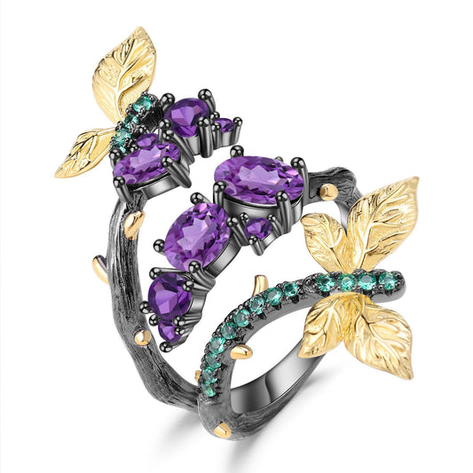 Rotating Wreath Butterfly Natural Gemstones Silver Ring