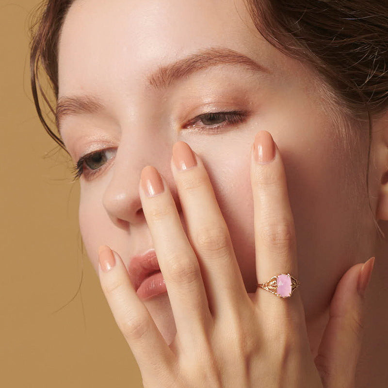 Rectangle Pink Crystal Hollow Leaf Opening Silver Ring