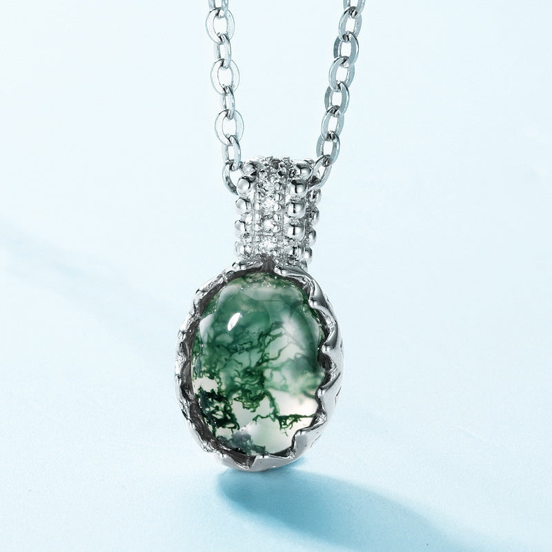 S925 Sterling Silver Moss Agate Oval Pendant Necklace