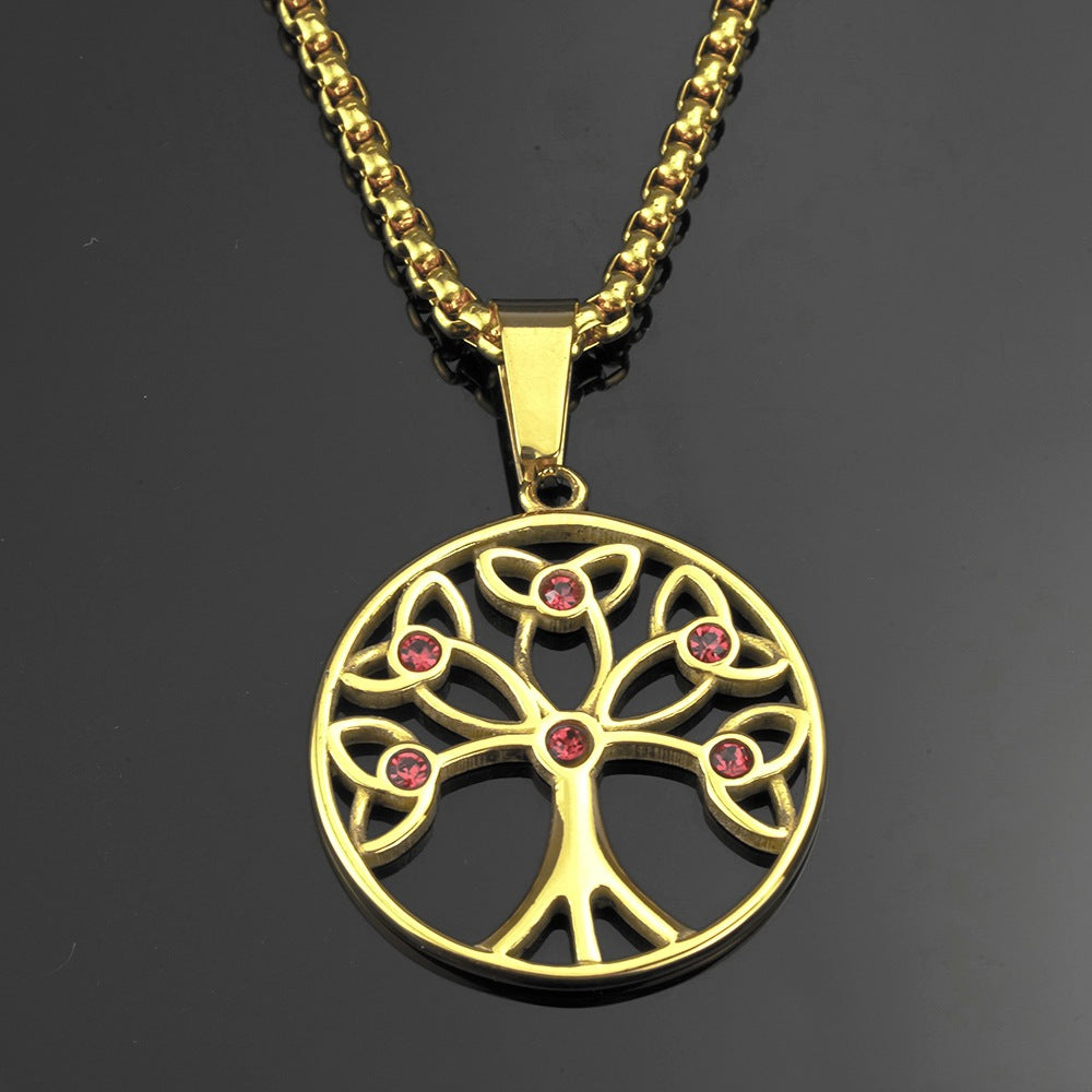 European and American Jewelry Wholesale Titanium Steel Men's Pendant Necklace Inlaid Zircon Tree of Life