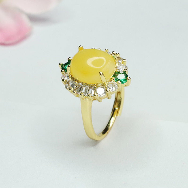 Ethnic Style Sterling Silver Ring with Amber Yellow Beeswax Zircon in Oval Shape