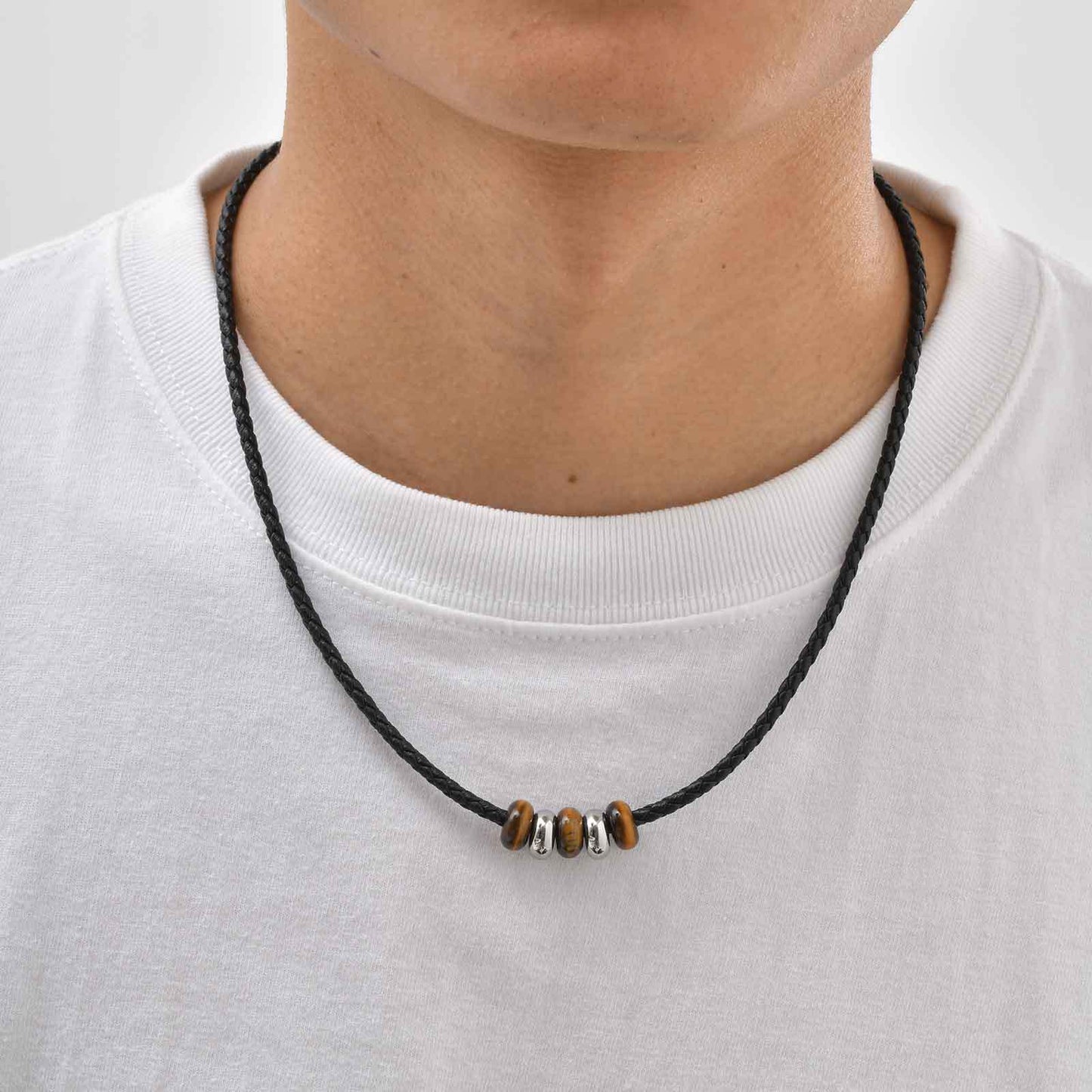 Planderful Stainless Steel Men Tiger Eye Bead Necklace