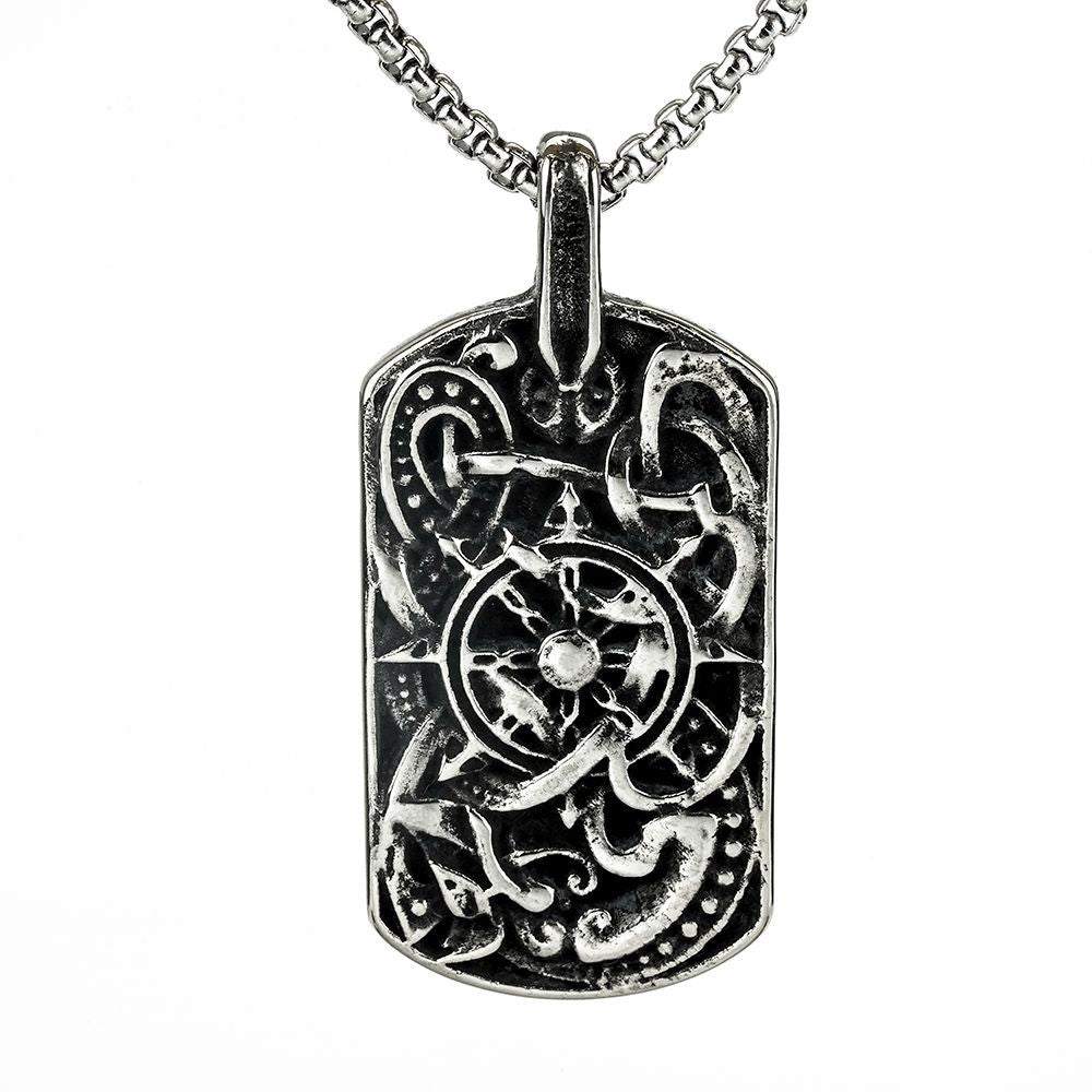 Vintage Men's Stainless Steel Viking Compass Pendant Necklace