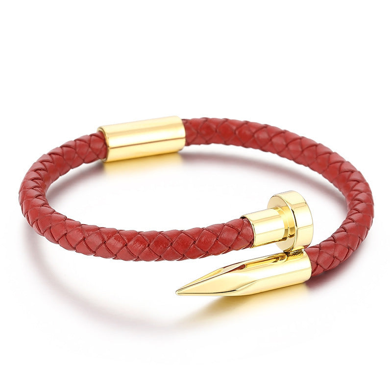 Cowhide Woven Stainless Steel Nail Bracelet – Men's Magnetic Buckle Leather Bracelet