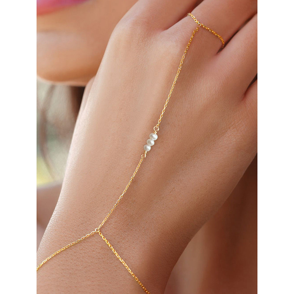 S925 Sterling Silver Natural Pearl Finger Chain Elegant Bracelet