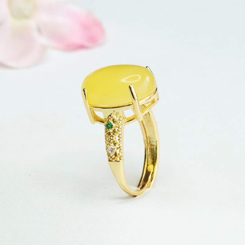 Regal Palace Style Beeswax Amber Ring with Green Zircon - Sterling Silver