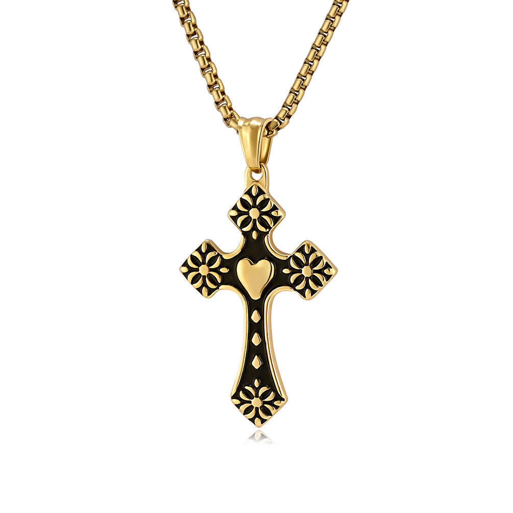 Cross-Border Retro Love-Shaped Stainless Steel Cross Necklace Men's Wear Sweater Chain Pendant Spot Wholesale