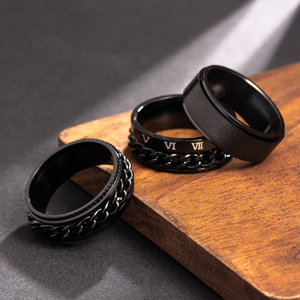 Rotating Titanium Steel Men's Ring Set with Hand Ornaments - Three-Piece Set