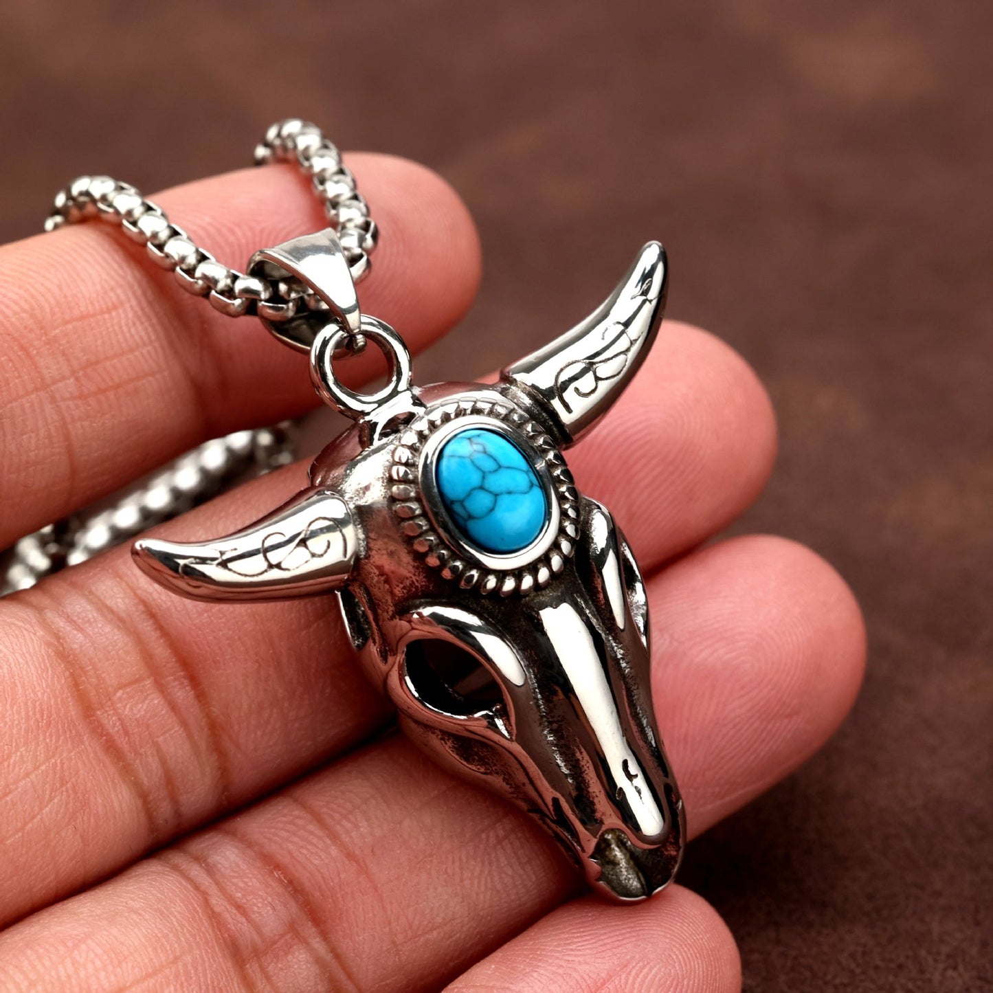 Planderful Ox Head Turquoise Pendant For Men Retro Stainless Steel Zodiac Necklace