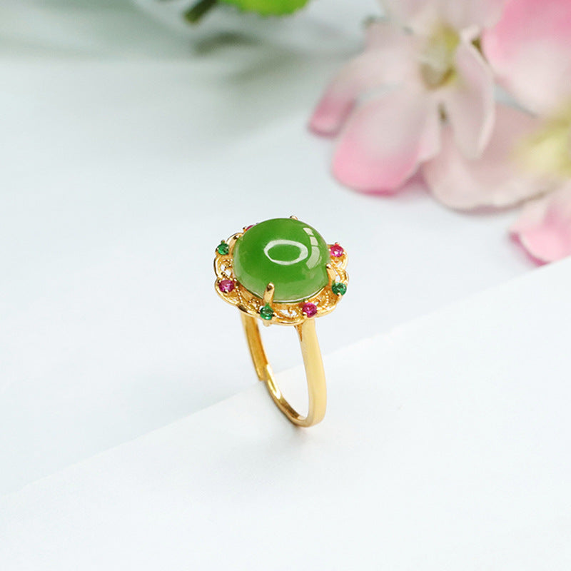 925 Sterling Silver Hetian Jasper Flower Ring