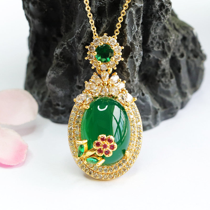 Zircon and Green Chalcedony Necklace with Sterling Silver Blossom Pendant