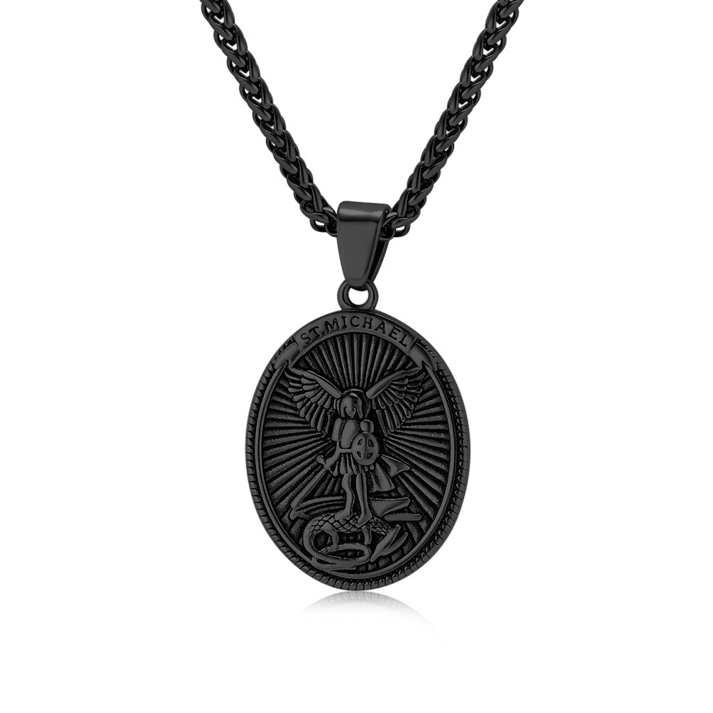 Steel Necklace - Vintage Archangel Oval Pendant For Everyday Wear And Spiritual Symbol Jewelry By Planderful