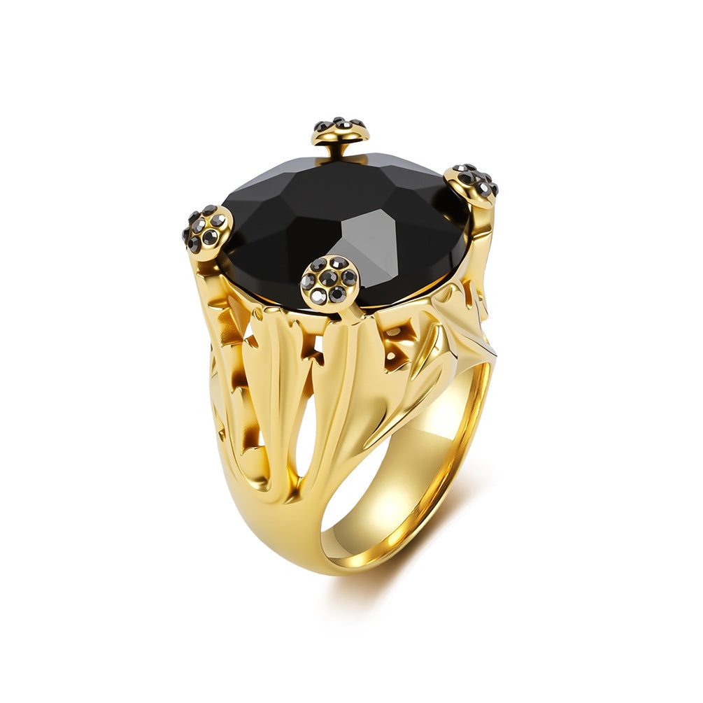Stainless Steel Gold-Plated Zircon Ring Women's Large Gemstone