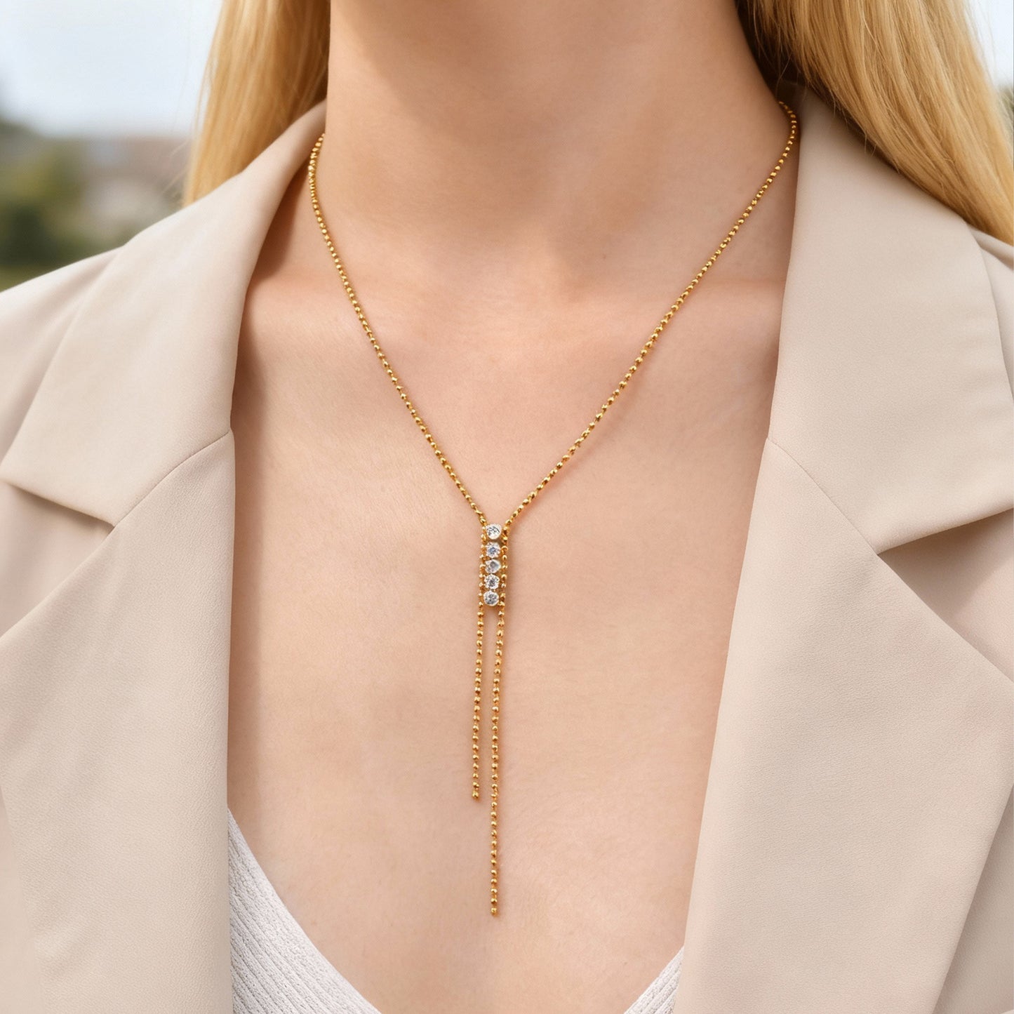 Stainless Steel Cold Wind Tassel Wave Bead Zircon Y-Shaped Necklace Gold