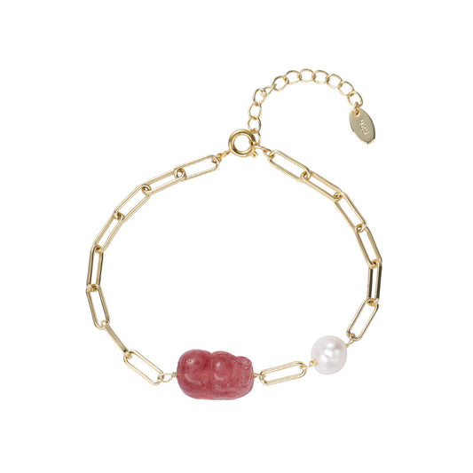 Crystal Pixiu Bracelet with Natural Strawberry and Pearl for Prosperity and Love