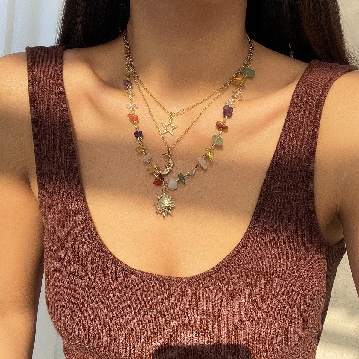 Mint Mambo Wind Vacation Wind Irregular Gravel Necklace Moon Sun Pendant Stacked