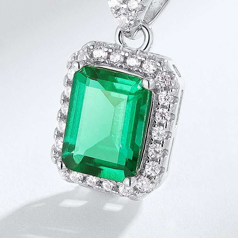 S925 Sterling Silver Lab-Grown Emerald Geometric Vintage-Inspired Necklace
